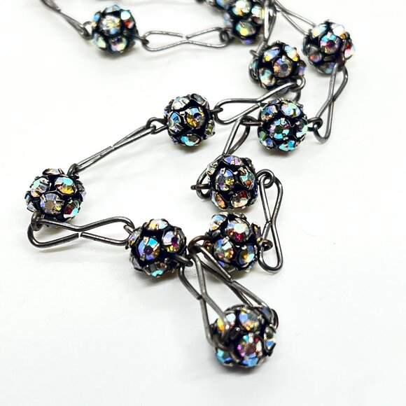 VINTAGE AB Aurora Borealis Crystal Disco Ball Necklace Gunmetal Station Choker - Picture 12 of 13